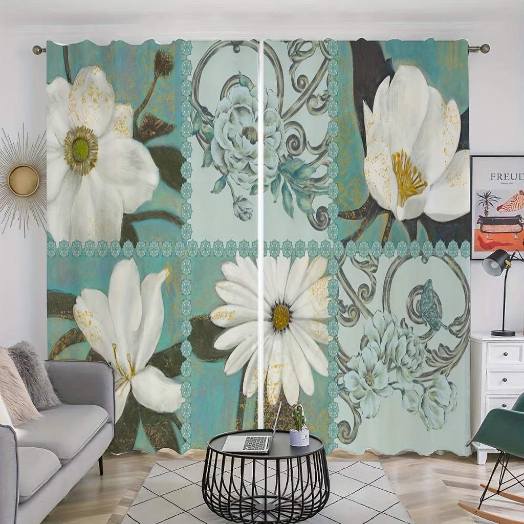 2pcs Seamless Border With Colorful Flower Patterns Watercolor Falling Leaf Prints Curtains For Living Room Bedroom For Home Deco