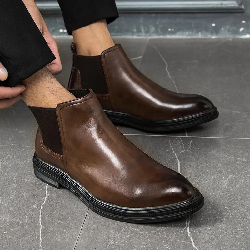 2024 Autumn Early Winter Chelsea Boots Fashion British Style Mens Ankle Boots Pointed toe Pary Shoes Black Brown D194