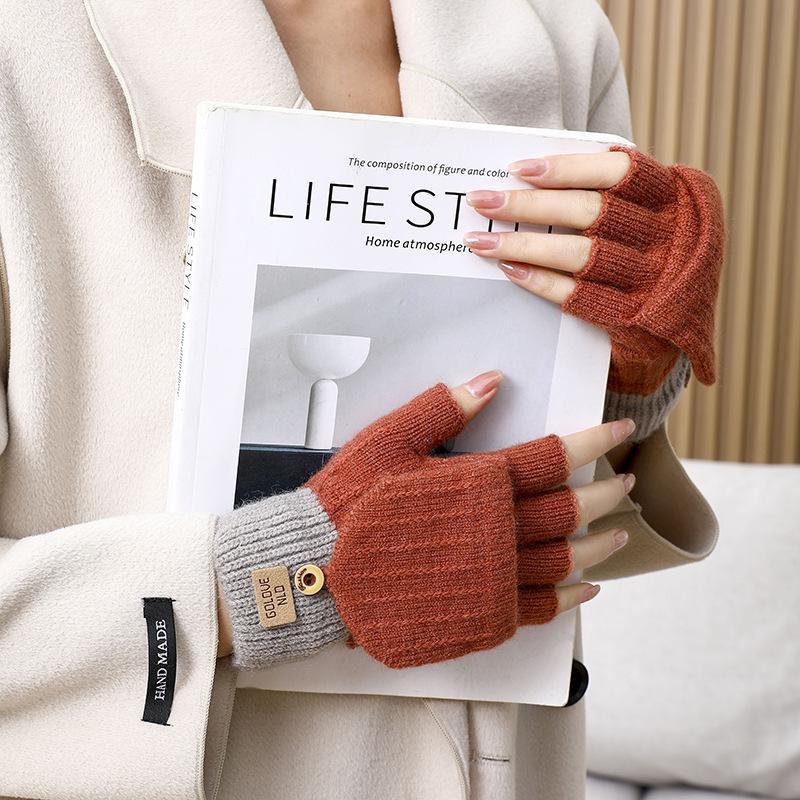 Korean Touchscreen Fingerless Winter Gloves - Plush, Thick, Cold-Proof Writing Flip Gloves for Students