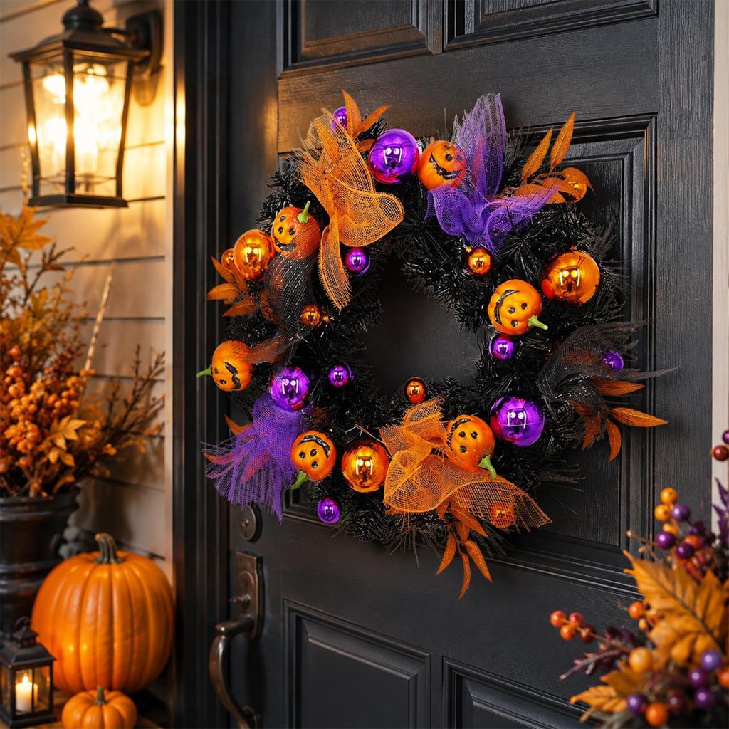 Pumpkin Face Halloween Wreath for Front Door Decor, Unlit