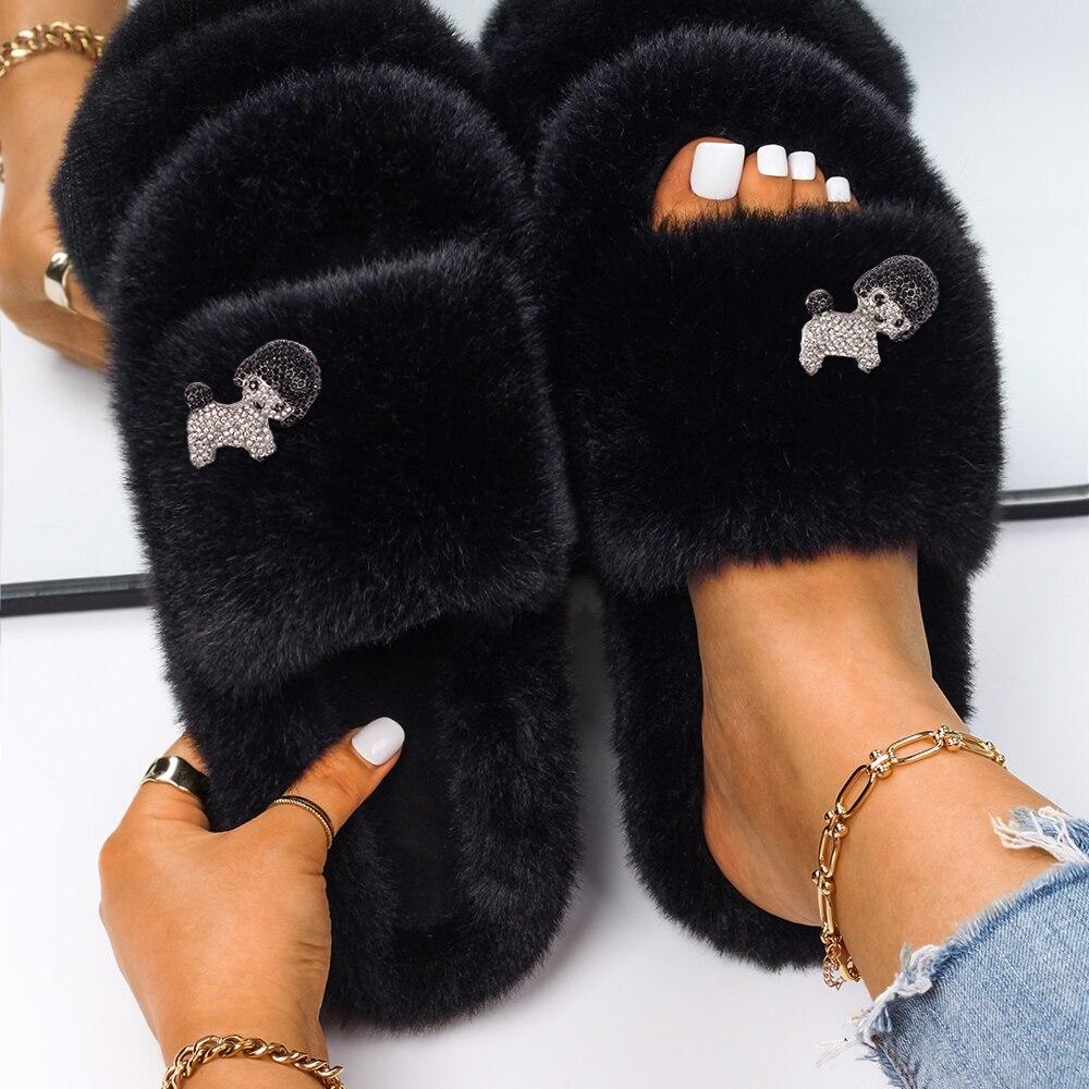 Pantofole da donna soffici diapositive Cartoon Teddy Decor sandali di design di lusso da donna infradito in pelliccia sintetica pantofole piatte scarpe pelose