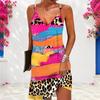 Women Plus Size V Neck Double Straps Sleeveless Leopard Printed Colorful Curved Hem Mini Dress