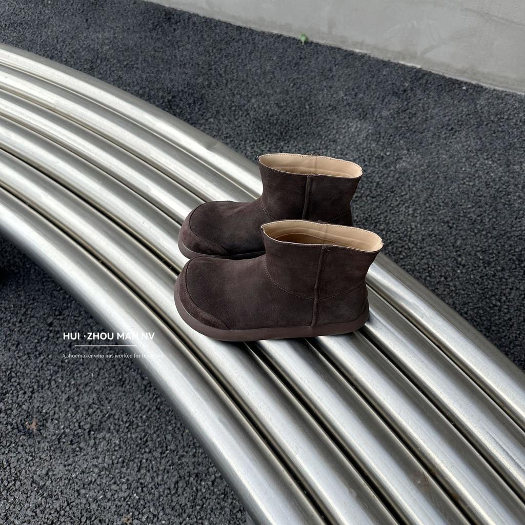 First layer cowhide~ genuine leather retro ugly cute big head boots flat bottom short boots women's Maillard round head Martin boots