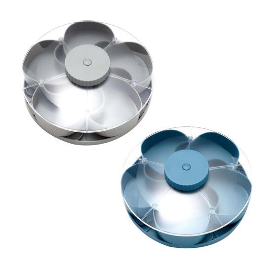 Obrotowa taca do serwowania przekąsek z przegródkami i pokrywkami, obracająca się paterka na dipy, warzywa, owoce, oszczędzająca miejsce organizacja kuchenna na imprezy, pikniki