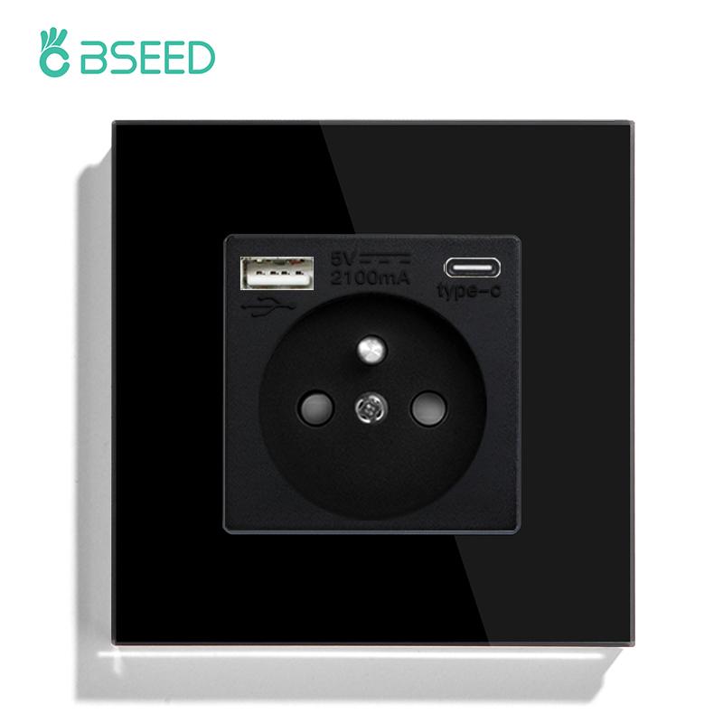 BSEED Single French Wall Socket Double Power Sockets Triple Electric Sockets With Type-c Double USB Charing Ports  Glass Frame