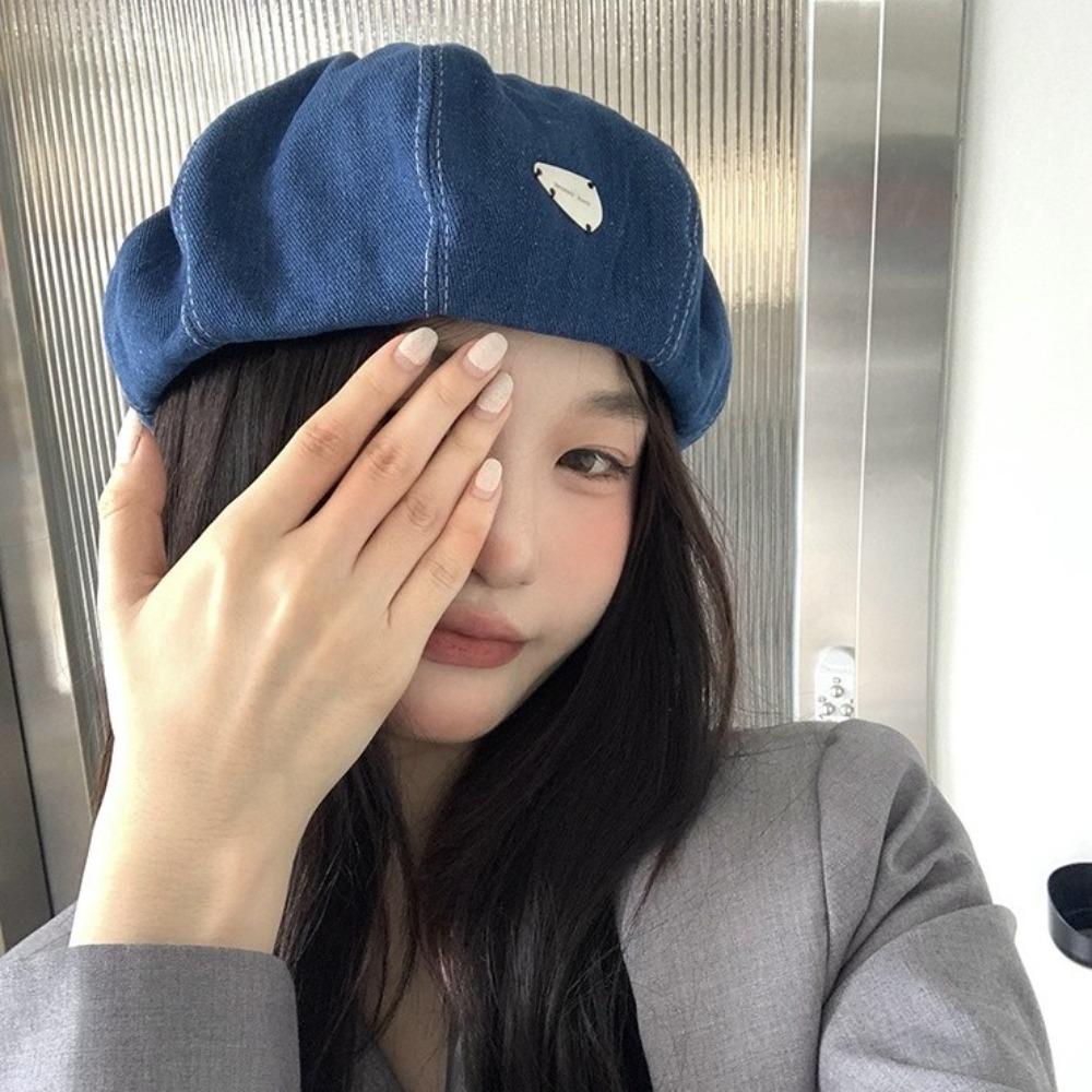 Korean Style Cloud Cowboy Cap Solid Color Denim Octagonal Hat Retro Denim Beret  Ladies