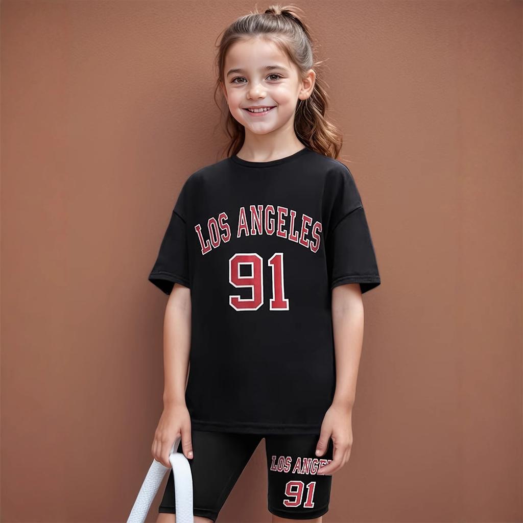 Girls Fashion Suit Summer Children's Casual Printed Round Neck Short Sleeve Suit