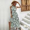Summer French Floral A-Line Skirt Suspender Lace-Up Long Sleeveless Halterneck Dress For Women