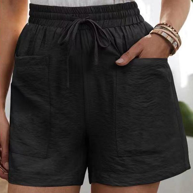 Womens Solid Color Casual Drawstring Shorts Elastic High Waist Pockets Loose Fit Summer Shorts