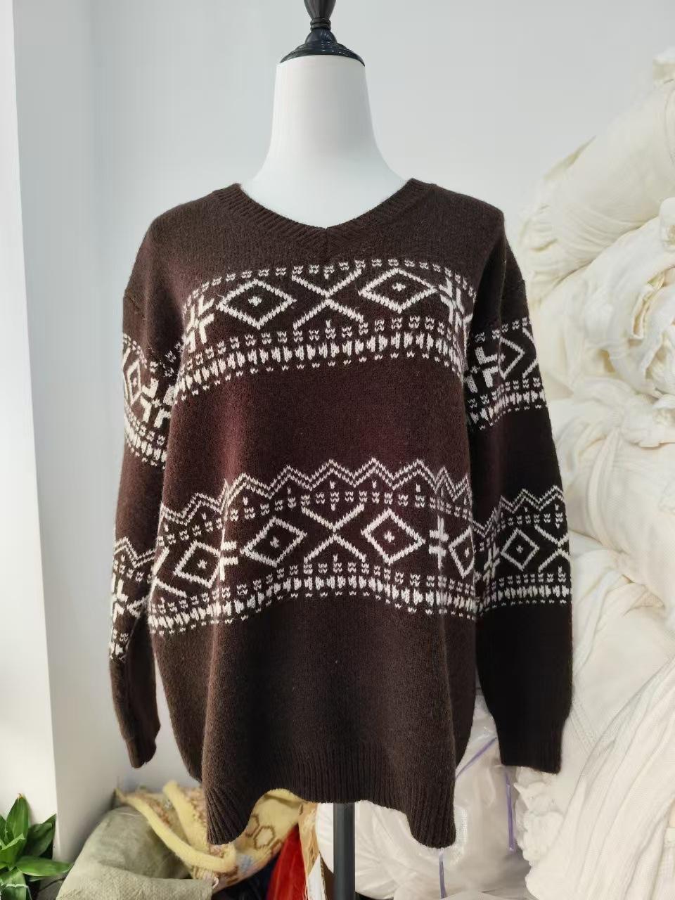 

Винтажный жаккардовый пуловер с V-образным вырезом, женская одежда, осень и зима, новый свободный и универсальный вязаный свитер-топ для женщин One size