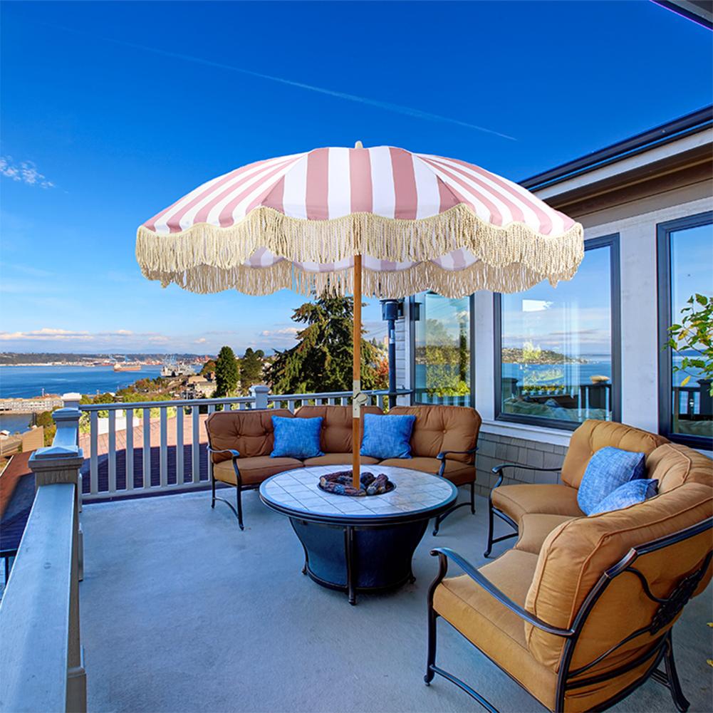 Striped Outdoor Sunshade Umbrella with Fringe Sun Shelter with Tilt Pole for Balcony Terrace Swimming Pool Beach Garden