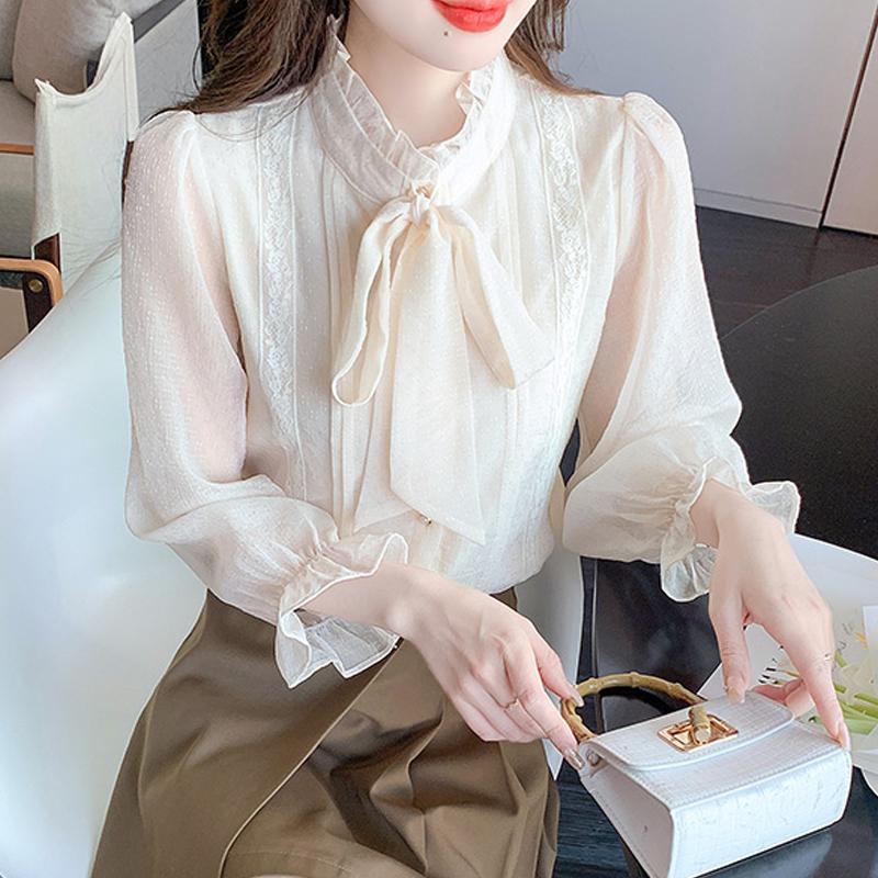 Moda noua 2024 toamna cu maneca lunga cu guler stand casual cu fundita siret bluza din sifon camasa pentru femei Topuri bluze camasi J459