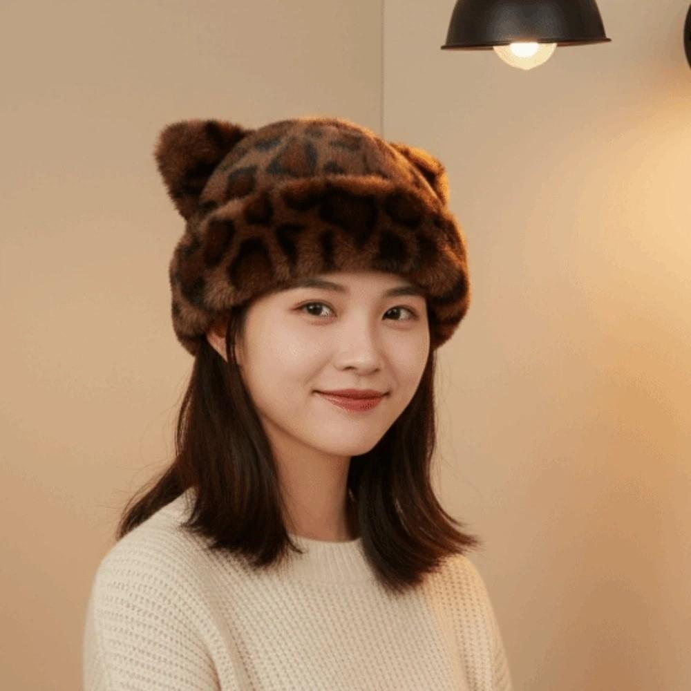 Korean Style Leopard Ear Beanie Soft Pullover Cap Versatile Brimless Beanie Cap  Autumn