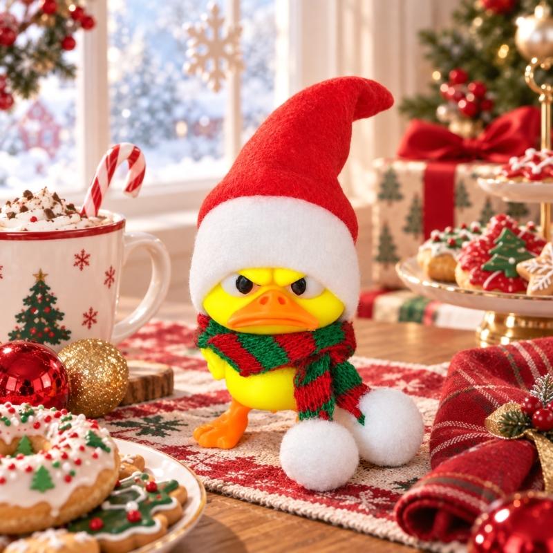 3D-Printed Christmas Duck Figurines, Funny Angry Yellow Duck Deccorations with Red, White, and Green Trim for Desks, Shelves, Entryways, and Cabinets
