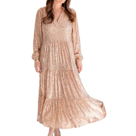 

Женское вечернее платье с V-образным вырезом и блестящими пайетками, трапециевидной формы, свободное платье с длинными рукавами и длинными рукавами, однотонное лоскутное платье с подолом, плиссированное вечернее платье для выпускного вечера XL шампанского