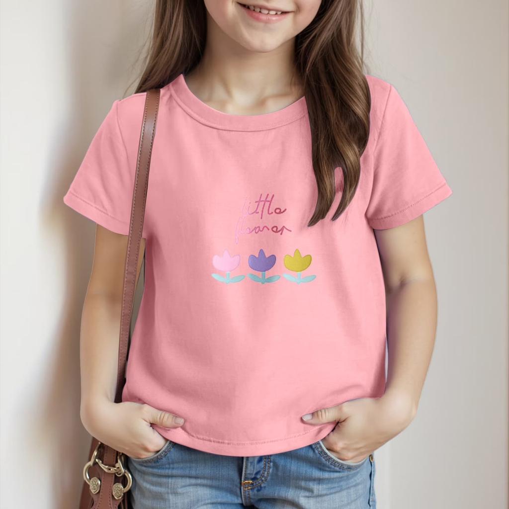 Girls Floral Print Short Sleeve T-Shirt Crew Neck Casual Top Lightweight Comfortable Fit for Everyday Wear