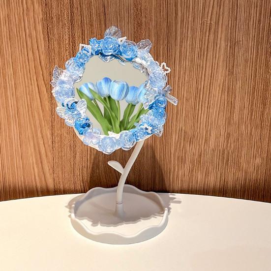 DIY Handmade Flower Desk Mirror with Storage Tray Rotatable Desktop Vanity Mirror Multi-purpose Women Makeup Table Mirror Jewelry Organizer