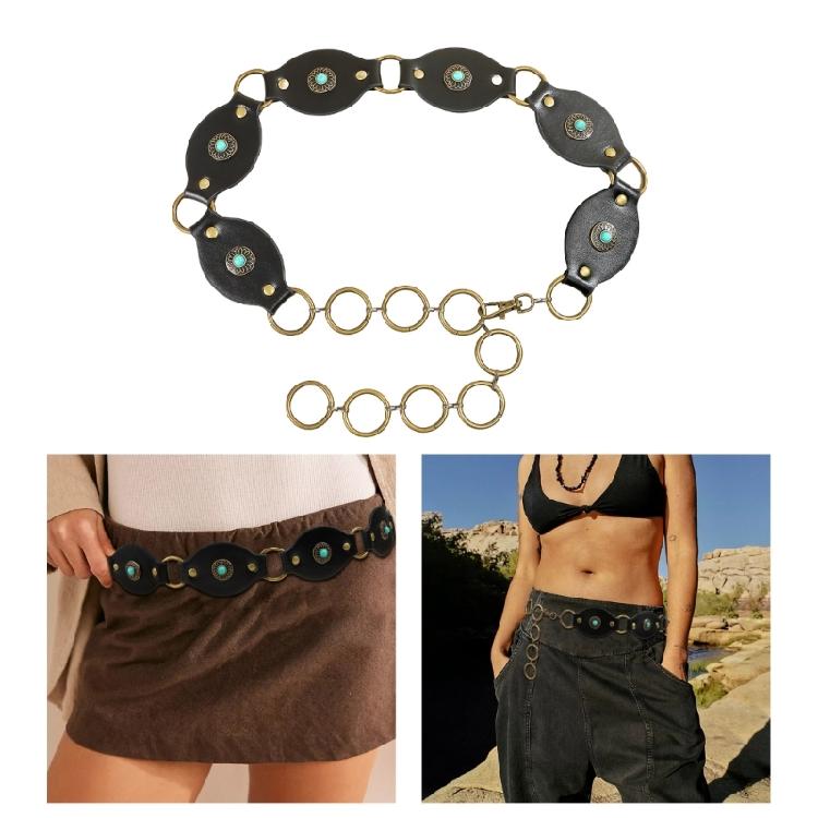 Hollowed Buckle Oval Disc Belt for Women Punk Waist Belt 2000s Bohemian PU Leather Belt for Girl Cool Western Waistband