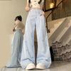 Summer Blue Striped Bowknot Embroidered Casual Pants - Design-Forward Button-Trim Loose Lightweight Wide-Leg Trousers