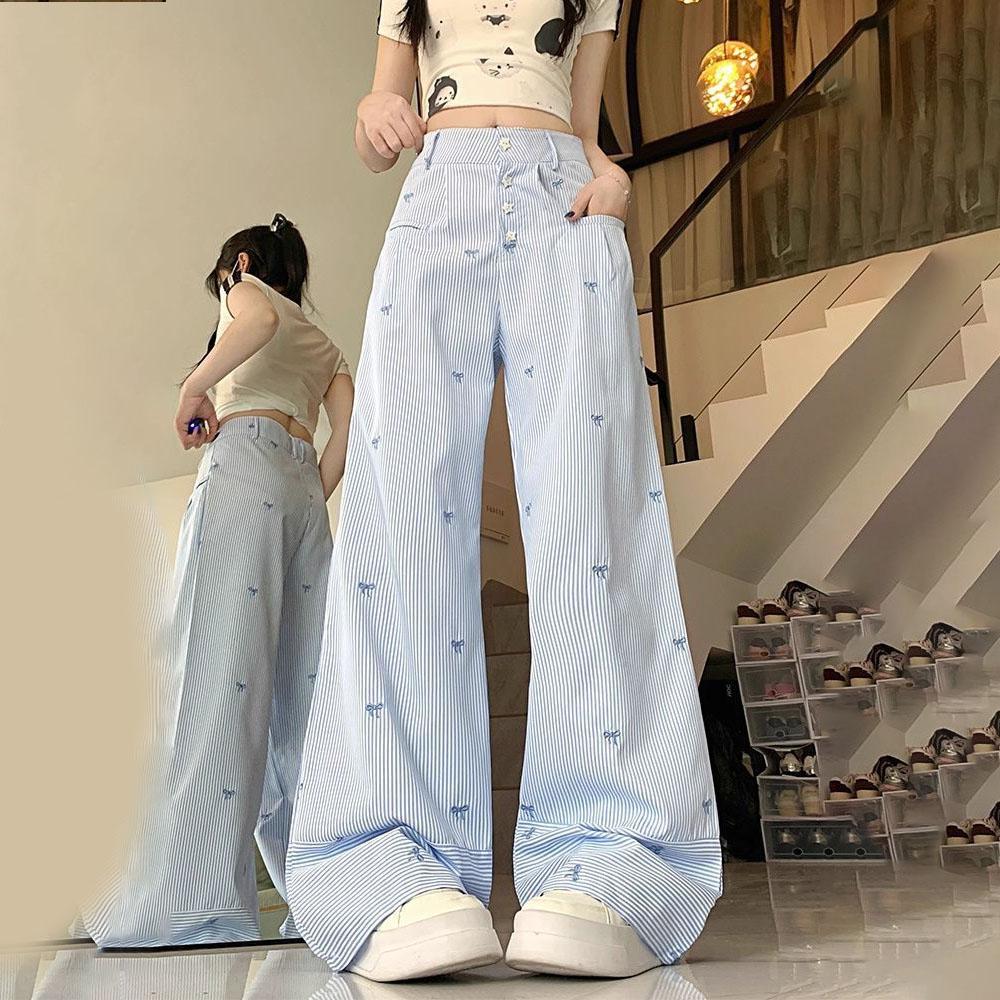 Summer Blue Striped Bowknot Embroidered Casual Pants - Design-Forward Button-Trim Loose Lightweight Wide-Leg Trousers