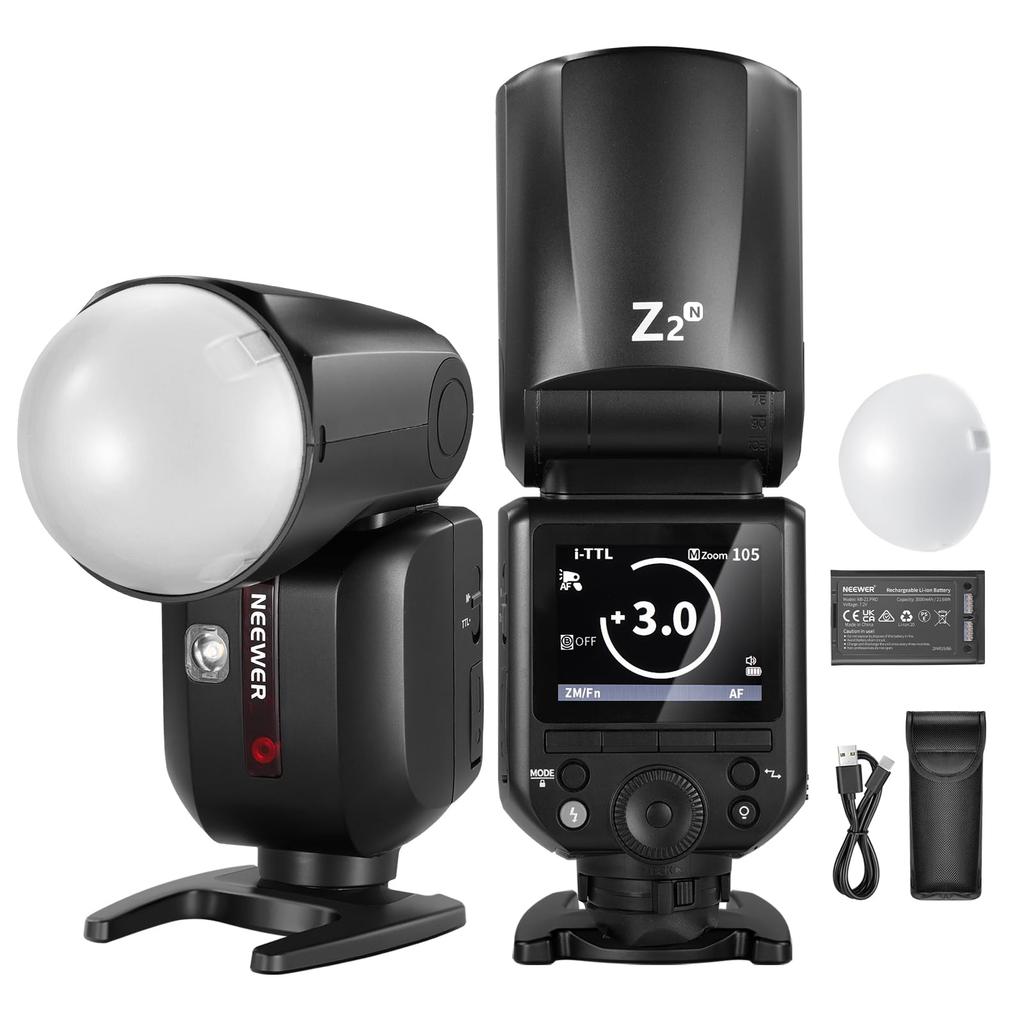 NEEWER TTL Round Head Flash Strobe Speedlite with Upgraded Two Adjustable Modeling Quick TCM 76Ws 600 Full Power Flashes Z2-N 2.4G Diffuser, UI,