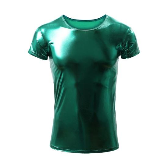 

Мужская футболка с глянцевой поверхностью, бронзовая посадка, круглый вырез, однотонный тонкий пуловер с короткими рукавами, вечерние, клубные, танцевальные XL зелёный