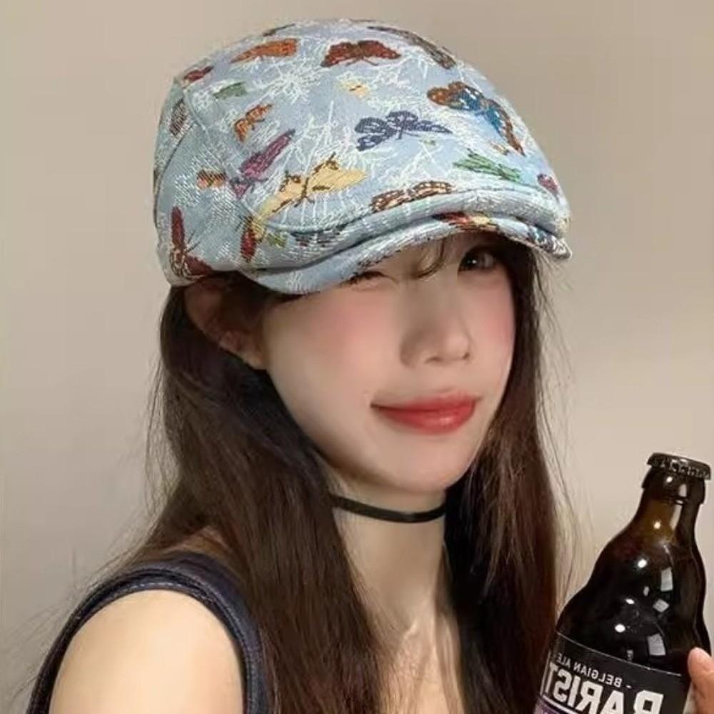 Reversible Design Retro Newsboy Cap Ethnic Style Butterfly Embroidered Beret  Women's Wear