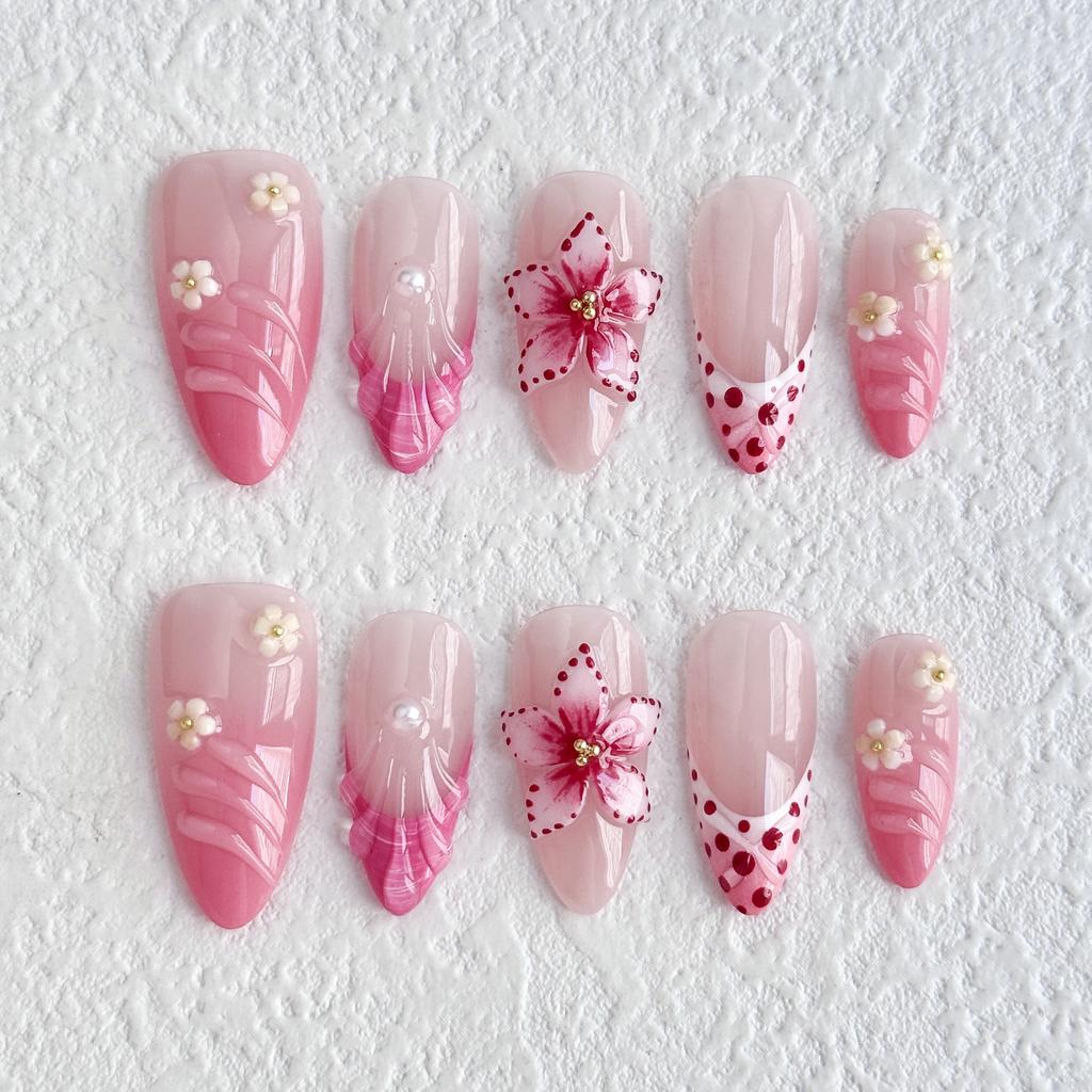 10Pcs Pink Gradient Handmade New Fake Nails Wearable Full Cover 3D Flowers Almond Nail Tips Set Detachable French Acrylic Nails