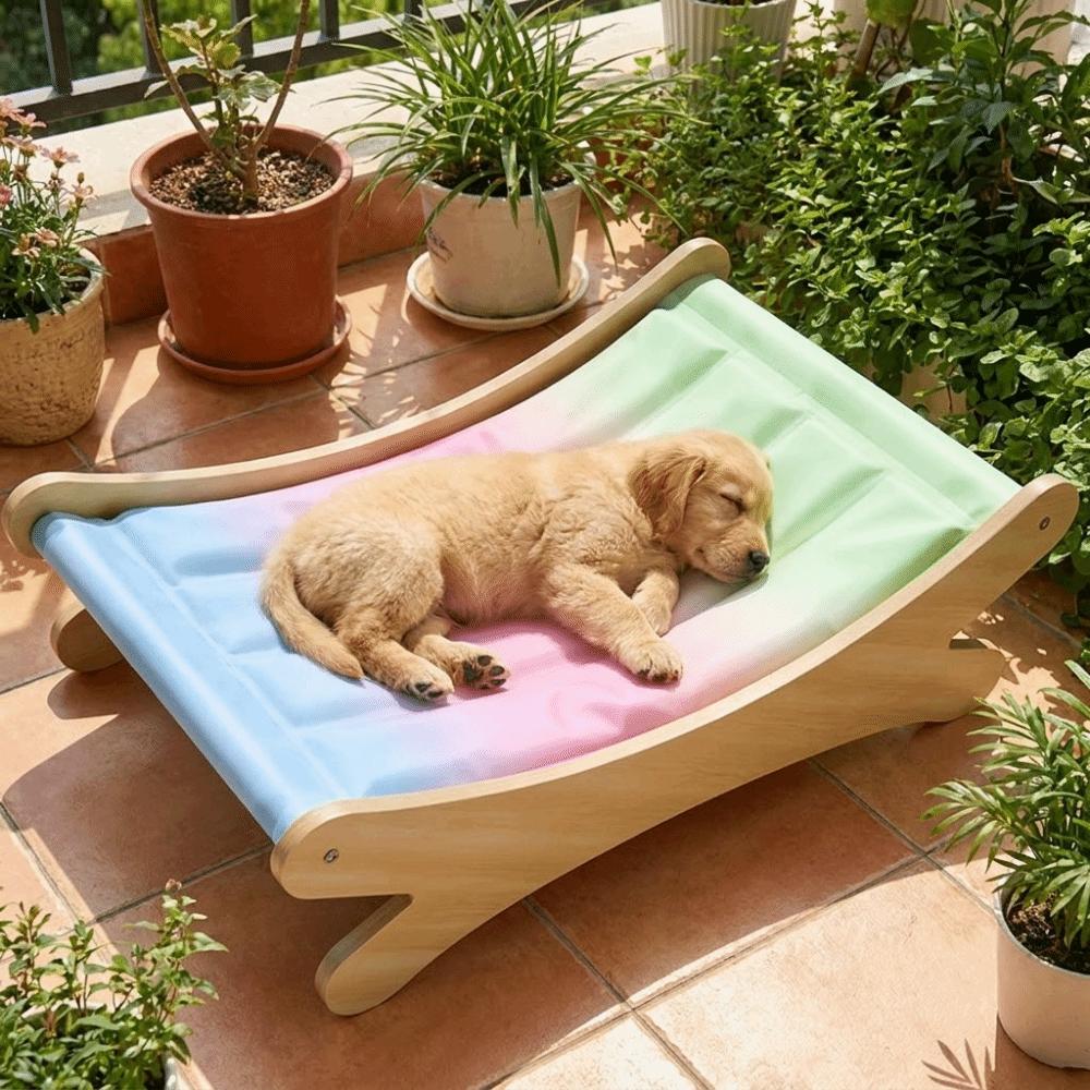 Cute Waterproof Cat Ice Cushion Wooden Frame Cartoon Printed Pet Cooling Mat Elevated Design Breathable Cat Ice Bed Balcony