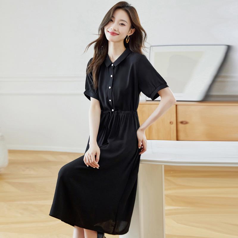 Hepburn-Style Black Chiffon Shirt Dress - Slimming Waist, Elegant Long Skirt for Women
