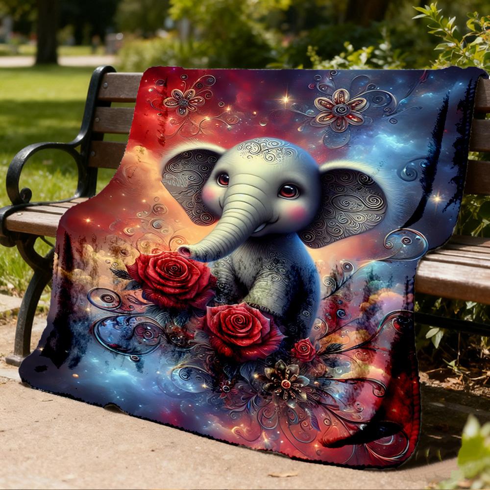 1pc Elephant Roses Fantasy Outdoor Flannel Blanket , Machine Washable Perfect Gift for Birthday , Holiday Travel Accessory , Durable Material
