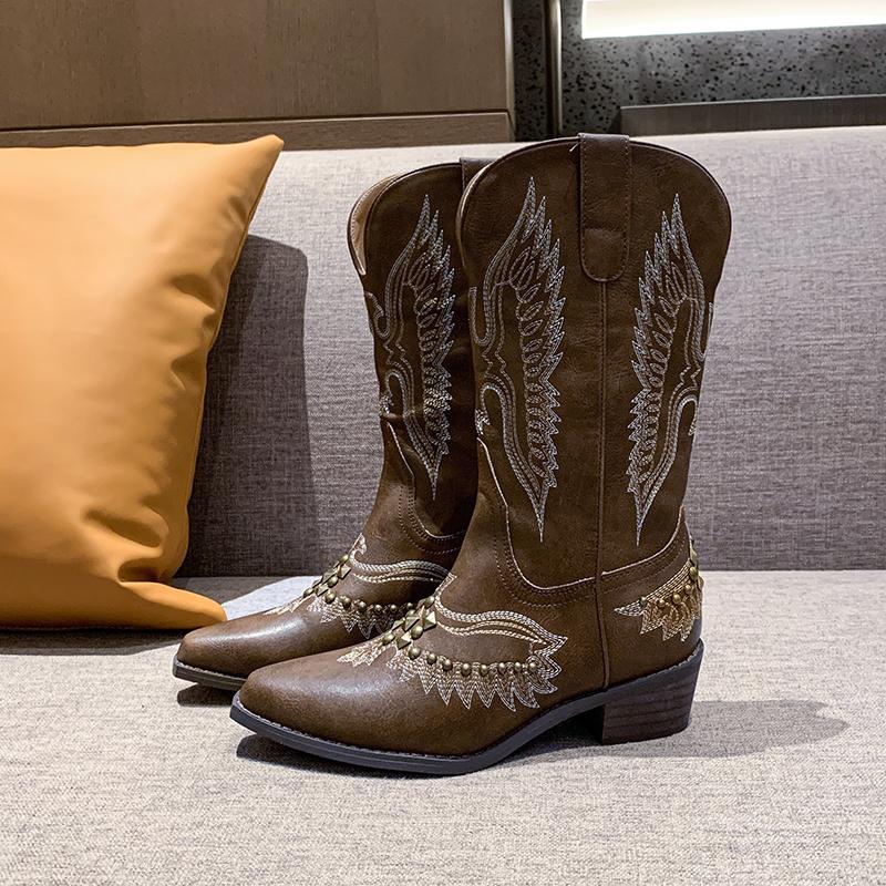 Fashion Studded Western Cowboy Boots Boots for Women Autumn Fashion Zip Embroidered Pointed Toe Shoes Chunky Heel Mid Calf Knight Boots