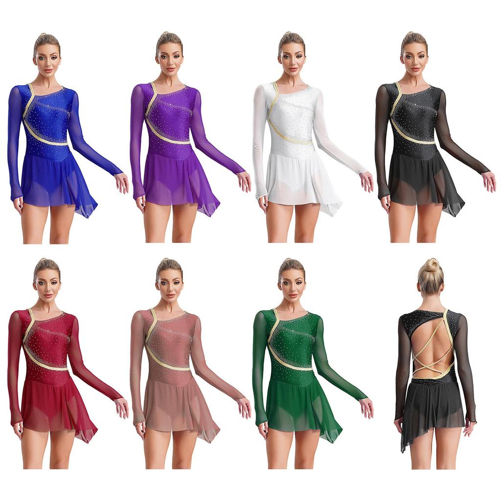 Women's Performance Dancewear - Sheer Mesh Long Sleeve Backless Dress with Rhinestones for Lyrical & Skating