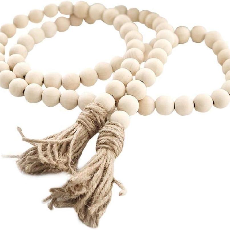 Farmhouse Beads 58in Wood Bead Boho Tassel Garland - Rustic Country Boho Chic Decor for Wall, Above Cabinet & Table