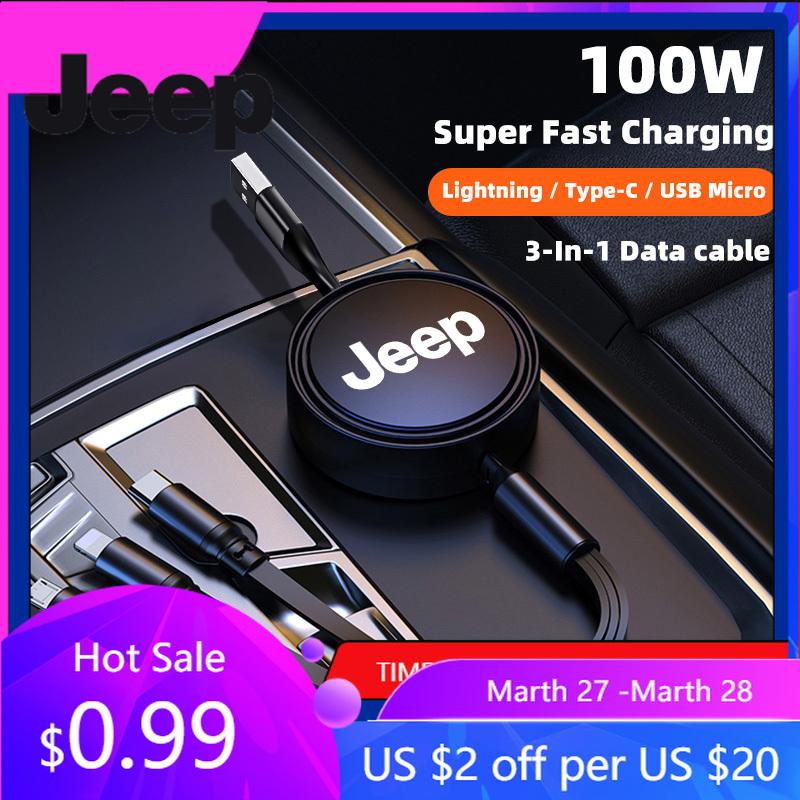 For Jeep 100W Fast Charging 3-in-1 Data Cable Car USB Charger Accessories For Jeep Grand Cherokee Wrangler JK Gladiator Compa