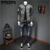 Men's Personalized Patch Denim Jacket Coat Casual Standing Collar Grid Large Size Denim Coat