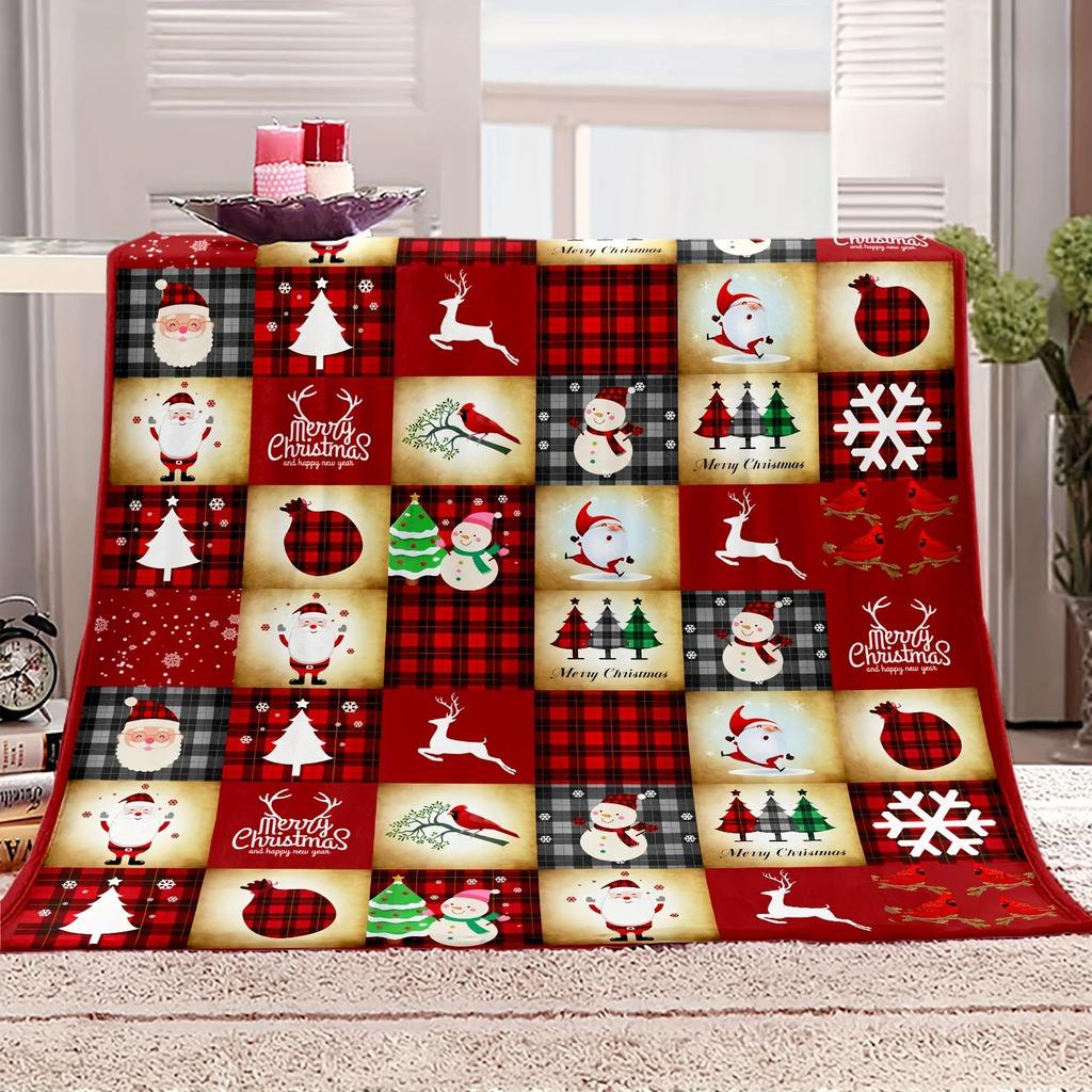 Flannel Blanket – Christmas Theme, Santa Claus, Snowman & Elk Patterns, Printed Gift for Couch, Bed, Sofa, Car, Travel
