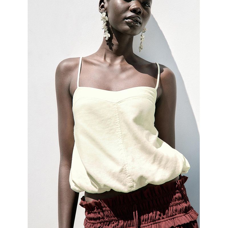 Summer New Product Women's Clothes V Neck Puffy Hem Linen Blended Balloon Style Sling Tops 8372075