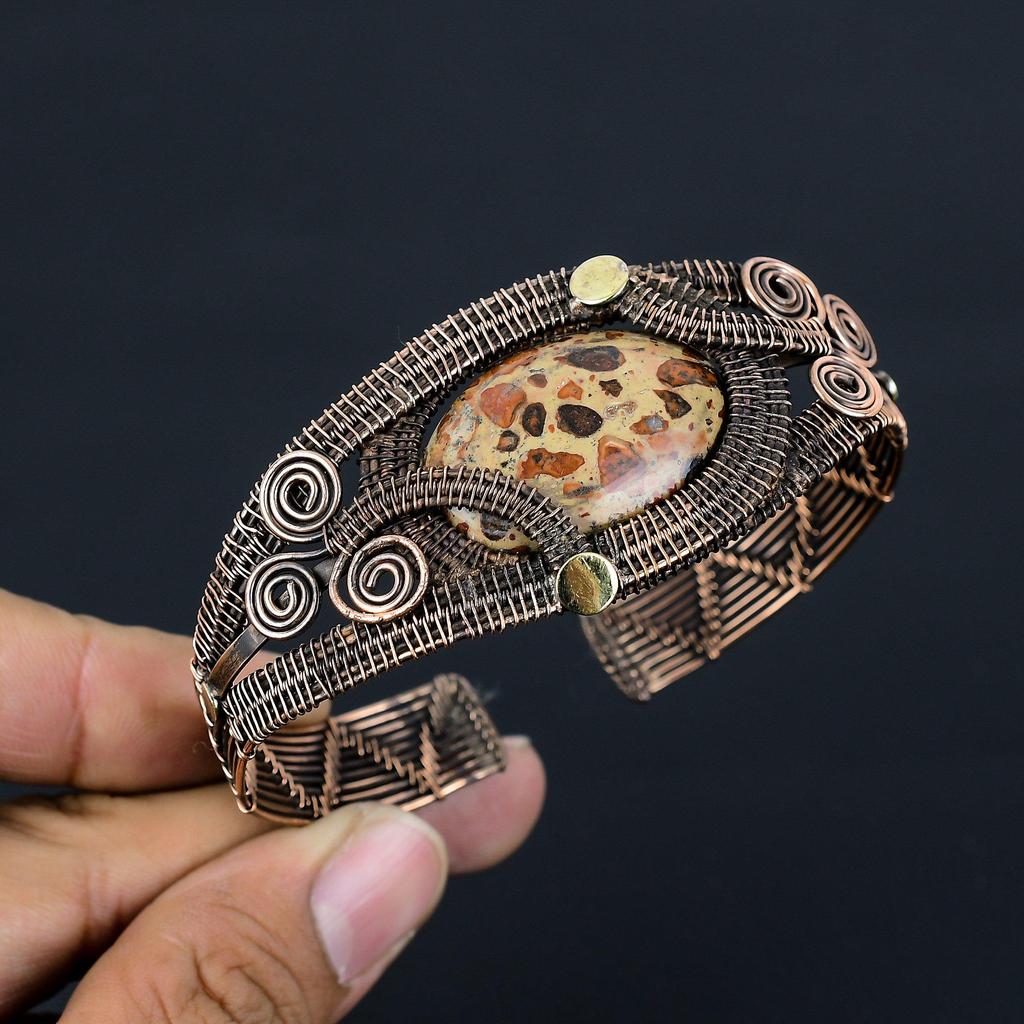 Bird Eye Jasper Gemstone Pure Copper Wire Wrapped Handmade Cuff/Bangle Jewelry