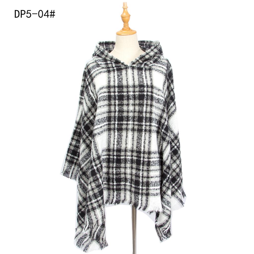Women's Plaid Hooded Cape Ponchos Sweater Knitted Versatile Lightweight Warm Shawl Wrap Scarf Cape Poncho Pullover Cardigan Wrap Sweaters for Women