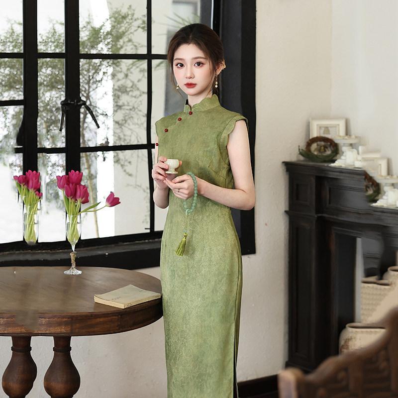 Green sleeveless national style new Chinese Suzhou long cheongsam improved young 1011 new women's high-end dress