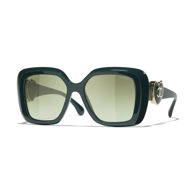 CHANEL Logo temples, acetate fiber, square sunglasses, same style for men and women, green