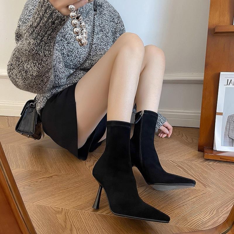 Pointed High-heeled Short Boots Women's Thin Heel Side Zipper Elastic Temperament Versatile Fashion Boots