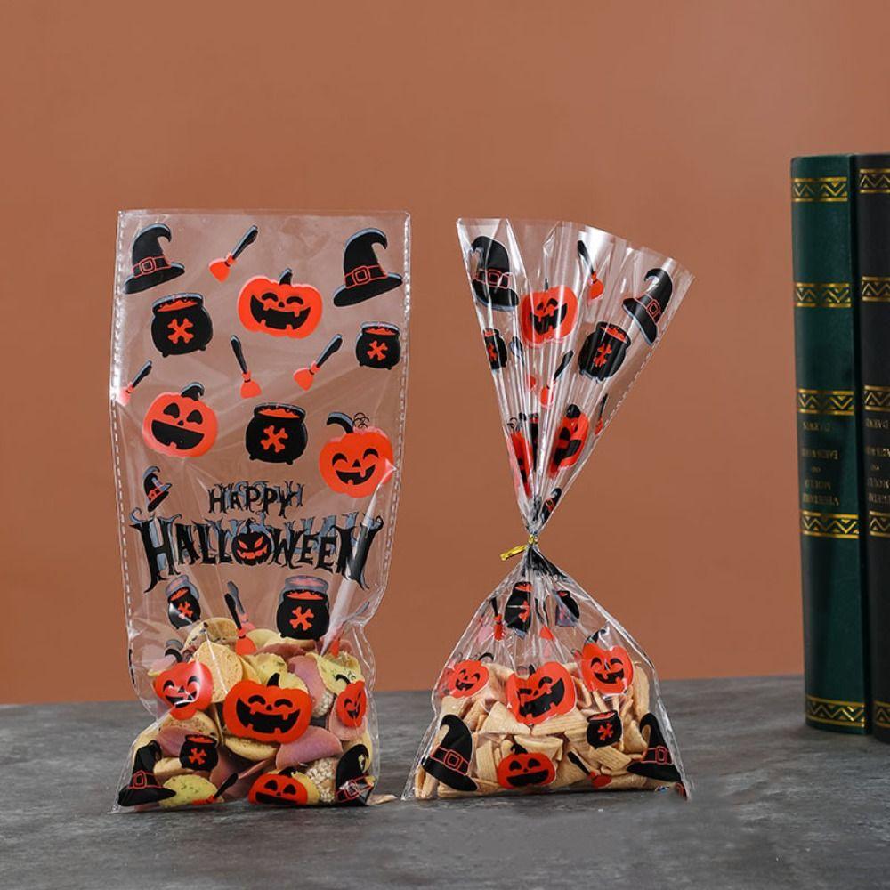 50pcs Trick or Treat Halloween Candy Bags Transparent Cellophane Food Plastic Pack Gift Bag Snack Pouch Pumpkin Bat