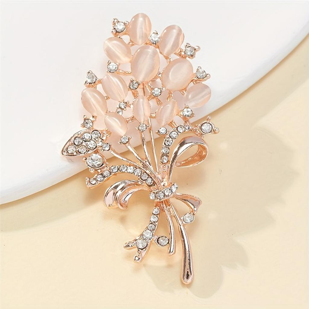 Elegant Floral Brooch with Rhinestone Accents and Oval Gemstone Embellishments Classic Bouquet Design with Ribbon Detail for Women Accessories