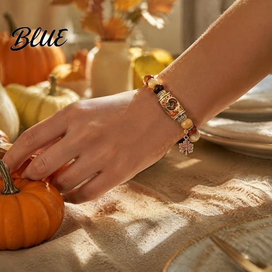 Thanksgiving Beaded Bracelet for Women Holiday with Greeting Card Gift Maple Leaf Charm Elastic Stretch Fall Harvest Jewelry Theme Women