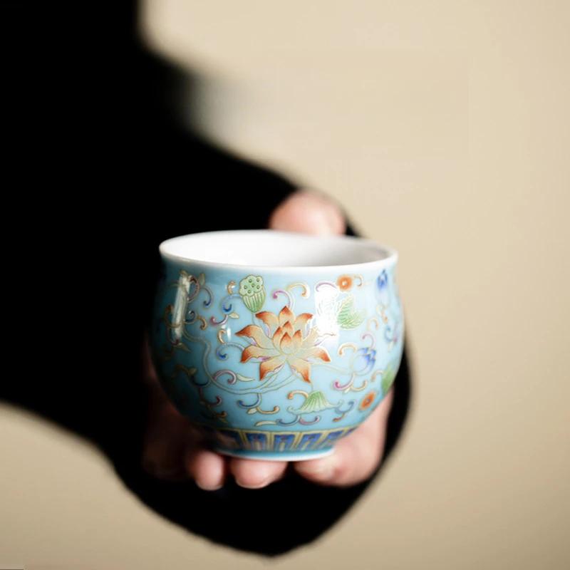 Japanese Ceramic Teacups Chinese Kungfu Tea Cup Retro Personal Teaware Enamel Lotus Cups Household Drinkware Supplied Gift Box