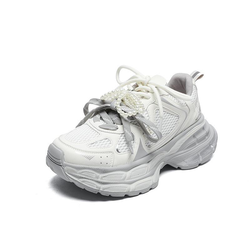 

Pearl shoelaces dad shoes women s spring leather mesh breathable lightweight fashion color matching platform sneakers 40 бежевый