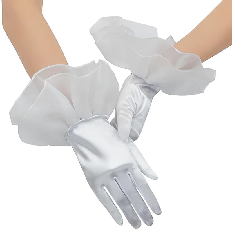 Satined Wedding Gloves with Ruffled Cuffs Design for Bride Wedding Ceremony Reception and Seasonal Occasion Handwear