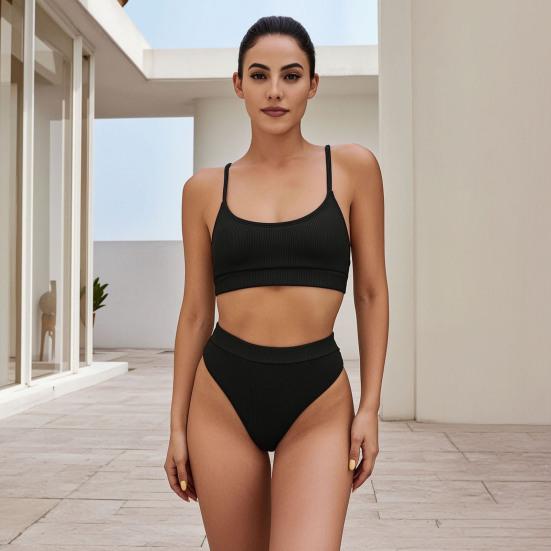 2 Stück/Set Sommer Geripptes Bikini-Set High-Waist Bauchkontrollierende Unterteile U-förmiger Rücken Neckholder BH-Set Schnelltrocknende Elastische Bademode